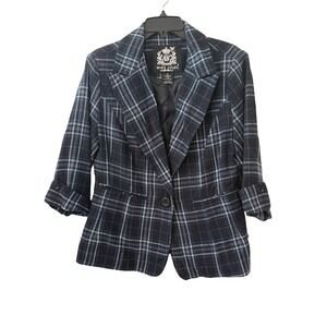 Y2K Wet Seal XL Plaid Blazer Jacket‎ Navy Plaid Preppy Academia 2000's Metallic